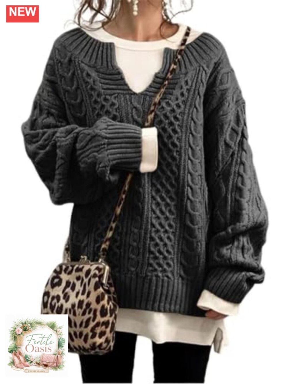 Women's Winter Chunky Knit V Neck Long Sleeve Loose Cable Knit Sweater Pullover
